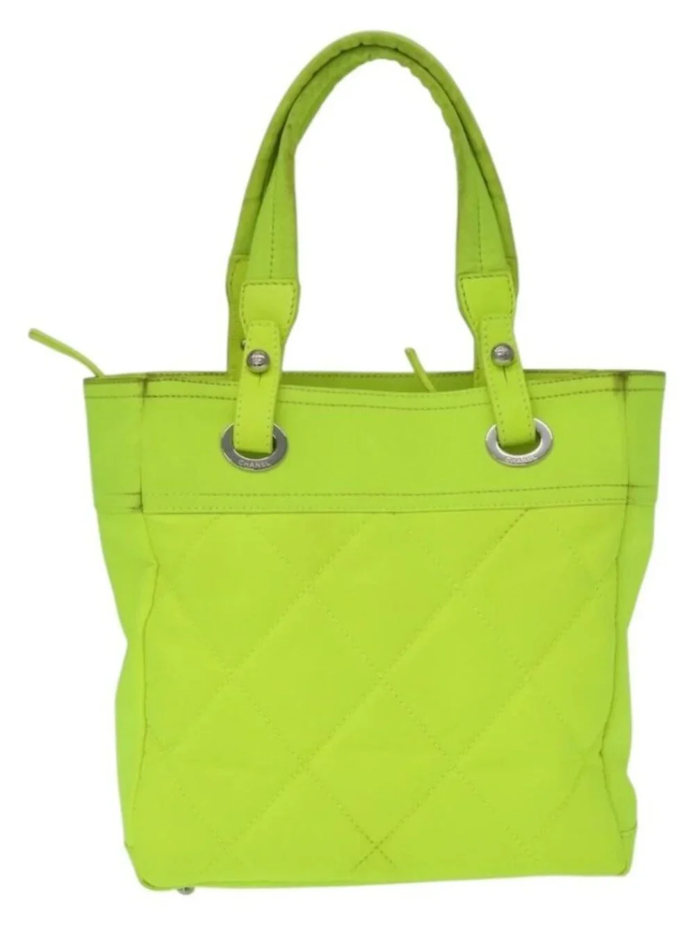 CHANEL Paris Biarritz Tote PM Tote Bag Canvas Green Neon Green CC Auth BSZ633